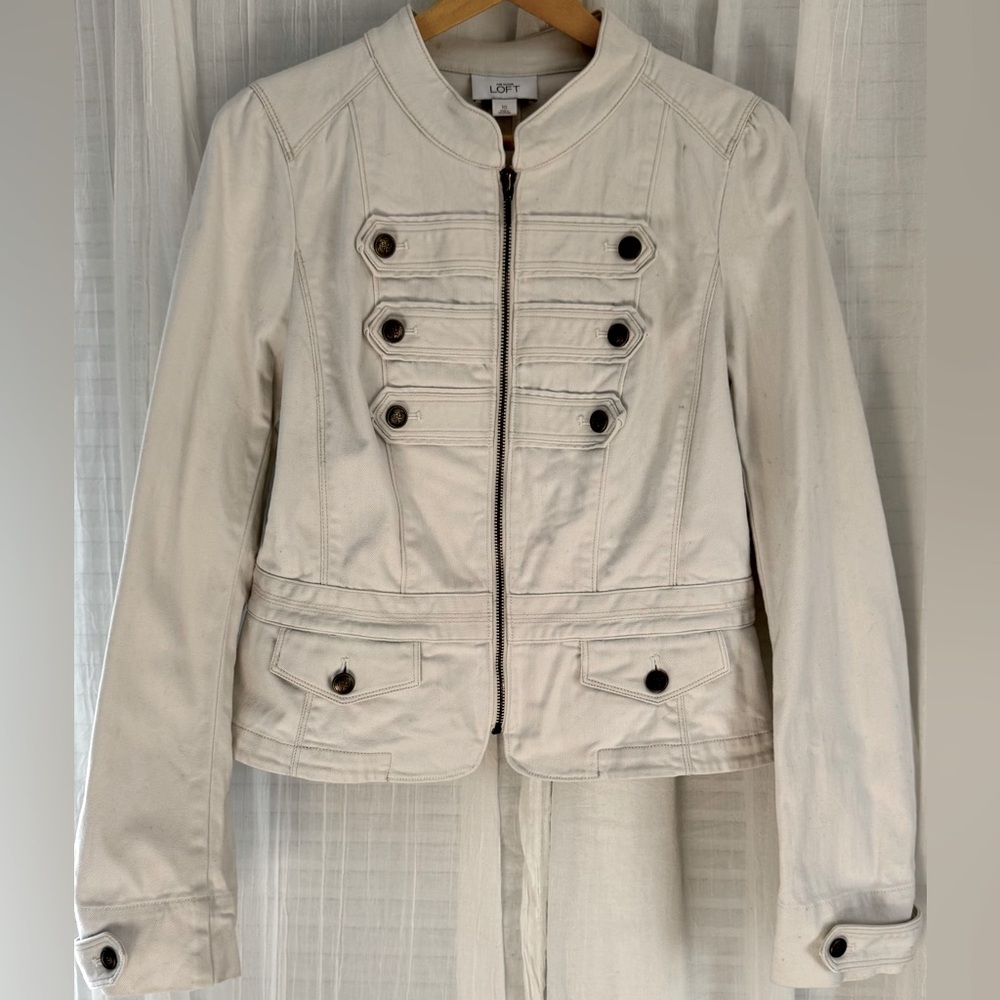 Ann Taylor Loft. Military style jacket. Cream/ivory colored denim.